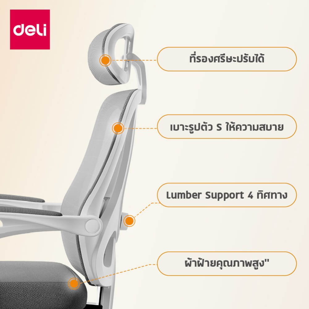 เก้าอี้สำนักงาน DELI KF264-J-WH-01 สีเทา